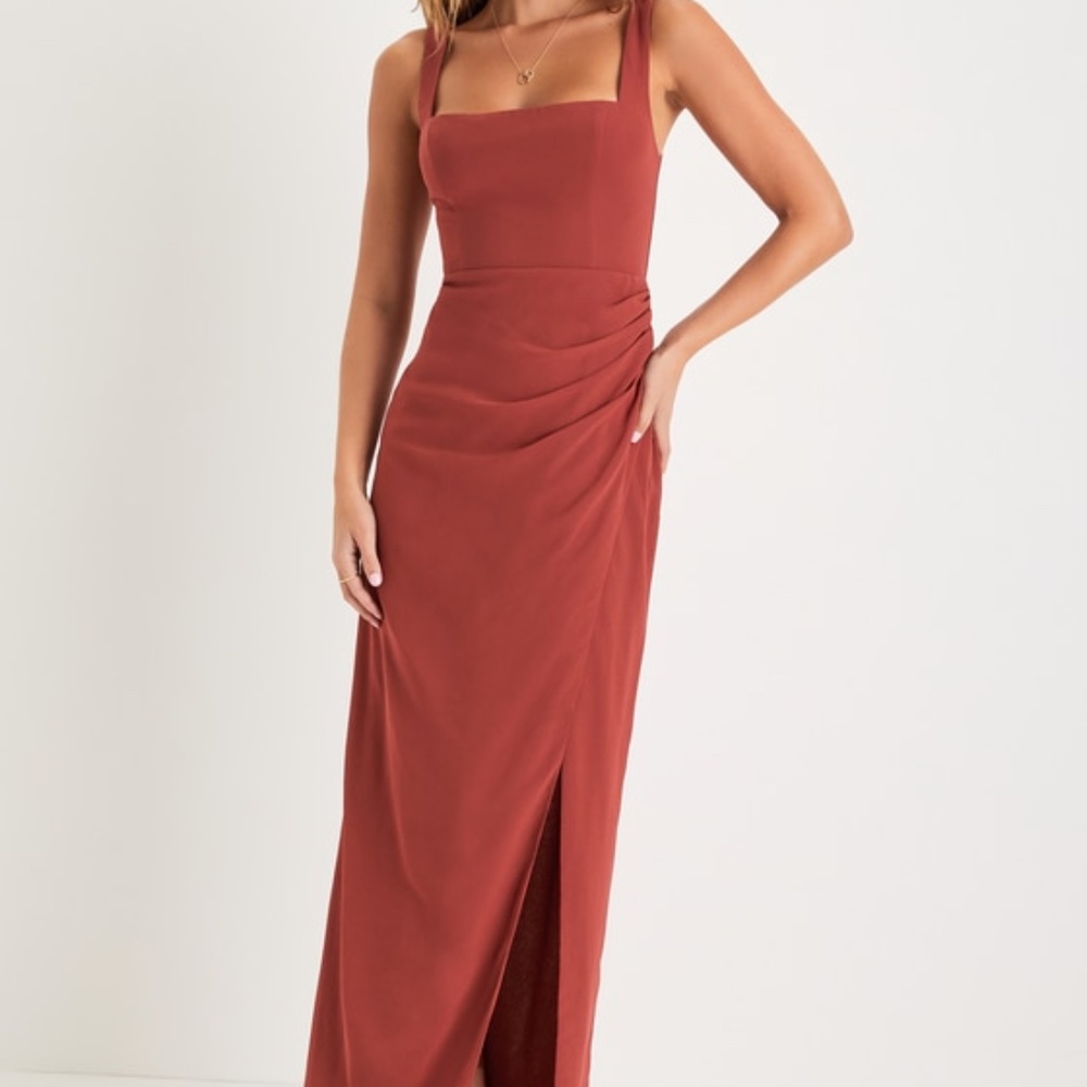 Lulus Glamorous Disposition Rust Ruched Maxi Dress Orange - Size M